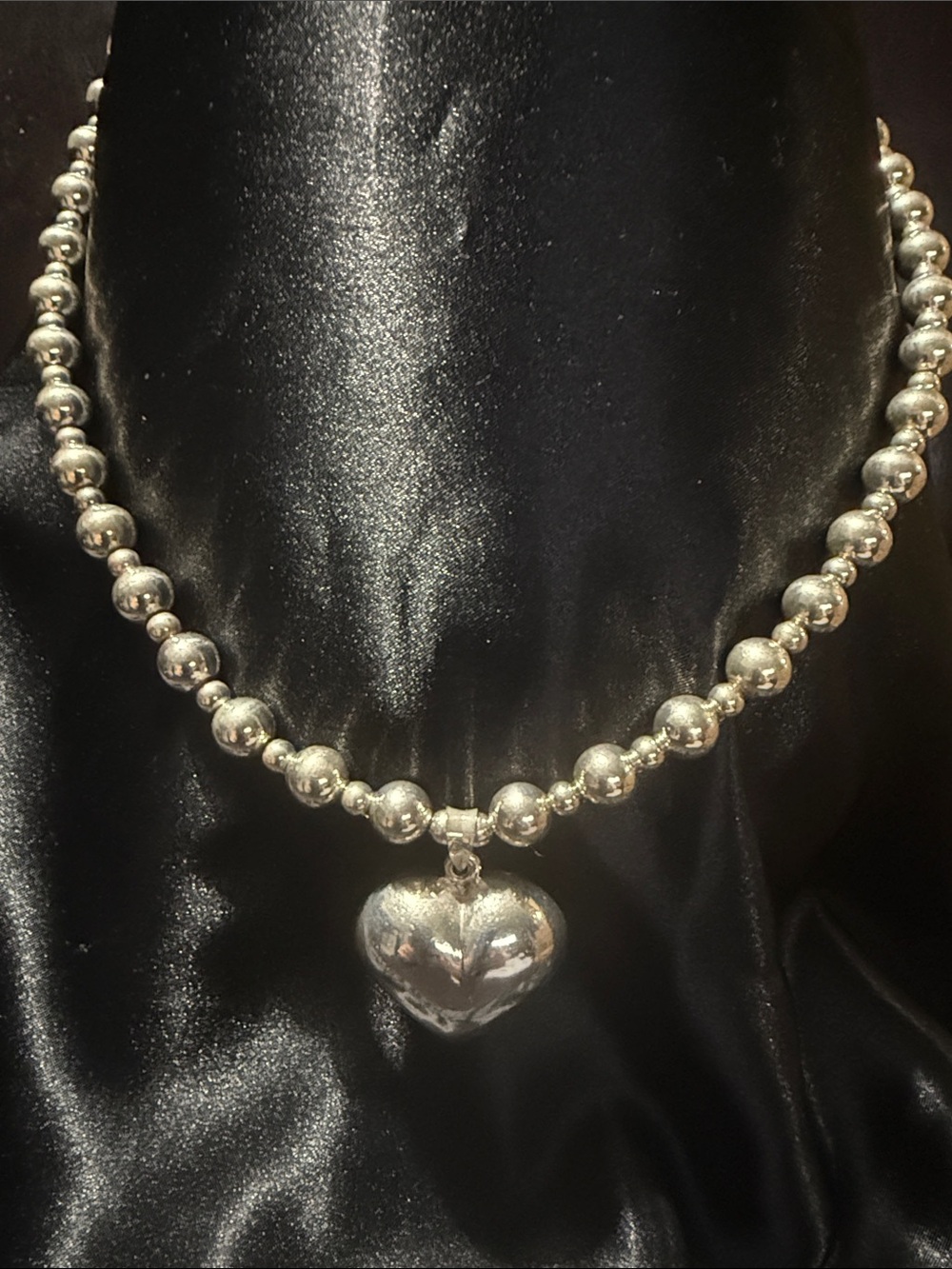 Vintage SILPADA 925 Sterling Silver Bead Necklace with Puffed Heart Pendant.
